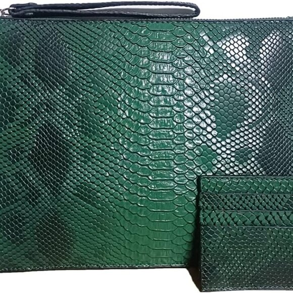Green Women's Snakeskin Pu Leather Party Envelope Clutch with Hand Strap, Large - Picture 1 of 6